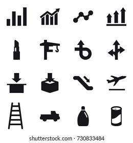 16 vector icon set : graph, diagram, graph up, lipstick, tower crane, escalator, departure, stairs, pickup, cleanser, cleanser powder