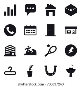 16 vector icon set : graph, message, home, box, phone, calendar, door, gas station, surfer, tennis, electricity, hanger, seedling, horseshoe, water tap sink