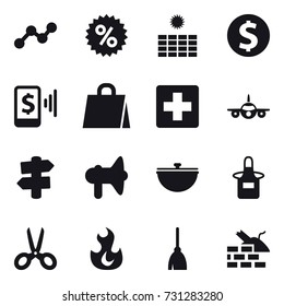 16 vector icon set : graph, percent, sun power, dollar coin, mobile pay, shopping bag, signpost, loudspeaker, cauldron, apron, scissors, broom, construct garbage
