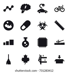 16 vector icon set : graph, brain, electric car, bike, ruler, soil cutter, broom, maple leaf, skyscrapers cleaning, package