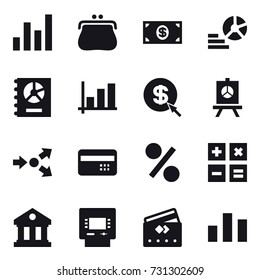16 vector icon set : graph, purse, money, diagram, annual report, dollar arrow, presentation, core splitting, credit card, percent, calculator, library, atm