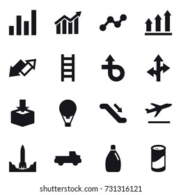 16 vector icon set : graph, diagram, graph up, up down arrow, stairs, air ballon, escalator, departure, pickup, cleanser, cleanser powder
