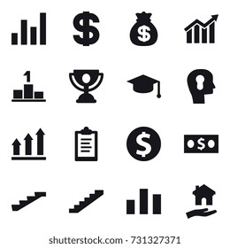 16 vector icon set : graph, dollar, money bag, diagram, pedestal, trophy, graduate hat, bulb head, graph up, clipboard, dollar coin, money, stairs, housing