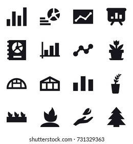 16 vector icon set : graph, diagram, statistic, presentation, annual report, flower, greenhouse, seedling, sprouting, hand leaf, spruce