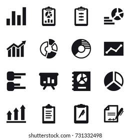 16 vector icon set : graph, report, clipboard, diagram, circle diagram, statistic, presentation, annual report, graph up