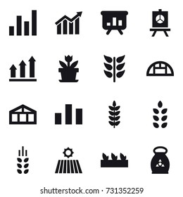 16 vector icon set : graph, diagram, presentation, graph up, flower, greenhouse, spikelets, field, seedling, fertilizer