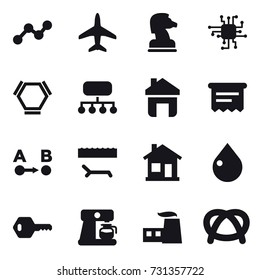 16 vector icon set : graph, plane, chess horse, chip, hex molecule, structure, home, atm receipt, lounger, drop, key, coffee maker