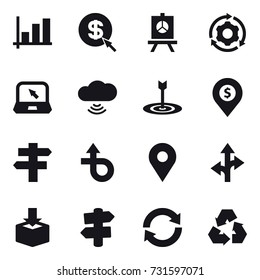16 vector icon set : graph, dollar arrow, presentation, around gear, notebook, cloud wireless, target, dollar pin, singlepost, signpost, reload, recycling