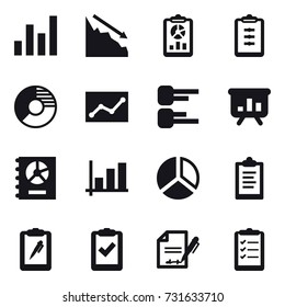 16 vector icon set : graph, crisis, report, clipboard, circle diagram, statistic, diagram, presentation, annual report, clipboard list