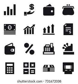16 vector icon set : graph, investment, wallet, purse, money, diagram, graph up, account balance, percent, cashbox, calculator, atm