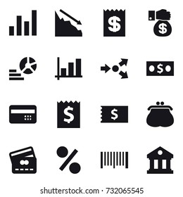 16 vector icon set : graph, crisis, receipt, money gift, diagram, core splitting, money, credit card, purse, percent, barcode, library