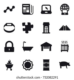 16 vector icon set : graph, newspaper, notebook, notebook globe, smart bracelet, puzzle, building, pyramid, lock, bath, garage, radiator, bbq, pig