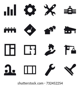 16 vector icon set : graph, gear, pencil wrench, bridge, under construction, houses, house with garage, window, plan, real estate, water tap, wrench, scraper