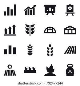 16 vector icon set : graph, diagram, presentation, graph up, greenhouse, spikelets, field, seedling, sprouting, fertilizer