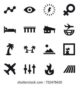 16 vector icon set : graph, eye, lightning, bridge, house with garage, palm, palm hammock, landscape, flower in window, field