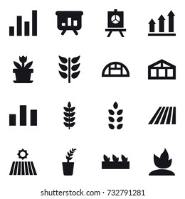 16 vector icon set : graph, presentation, graph up, flower, greenhouse, spikelets, field, seedling, sprouting