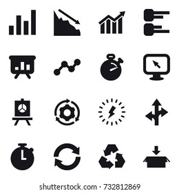 16 vector icon set : graph, crisis, diagram, presentation, stopwatch, monitor arrow, around gear, lightning, reload, recycling, package