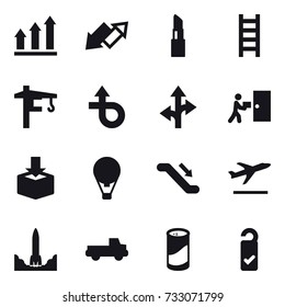 16 vector icon set : graph up, up down arrow, lipstick, stairs, tower crane, air ballon, escalator, departure, pickup, cleanser powder, please clean