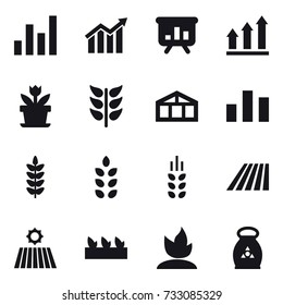 16 vector icon set : graph, diagram, presentation, graph up, flower, greenhouse, spikelets, field, seedling, sprouting, fertilizer