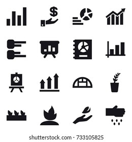 16 vector icon set : graph, investment, diagram, presentation, annual report, graph up, greenhouse, seedling, sprouting, hand leaf, sow