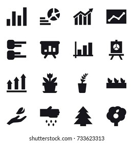 16 vector icon set : graph, diagram, statistic, presentation, graph up, flower, seedling, hand leaf, sow, spruce, garden