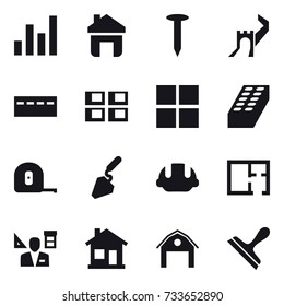 16 vector icon set : graph, home, nail, greate wall, bunker, panel house, window, brick, measuring tape, construction, building helmet, plan, architector, barn, scraper