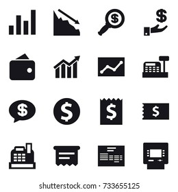 16 vector icon set : graph, crisis, dollar magnifier, investment, wallet, diagram, statistic, cashbox, money message, dollar coin, receipt, atm receipt, atm