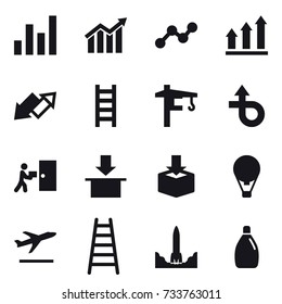 16 vector icon set : graph, diagram, graph up, up down arrow, stairs, tower crane, air ballon, departure, cleanser