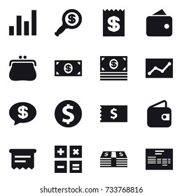 16 vector icon set : graph, dollar magnifier, receipt, wallet, purse, money, statistic, money message, dollar coin, atm receipt, calculator