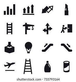 16 vector icon set : graph, graph up, up down arrow, lipstick, stairs, tower crane, air ballon, escalator, departure, cleanser, cleanser powder