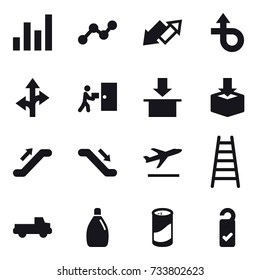 16 vector icon set : graph, up down arrow, escalator, departure, stairs, pickup, cleanser, cleanser powder, please clean