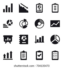 16 vector icon set : graph, crisis, report, clipboard, diagram, circle diagram, statistic, presentation, annual report, graph up, clipboard list