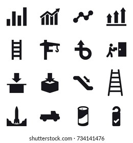 16 vector icon set : graph, diagram, graph up, stairs, tower crane, escalator, pickup, cleanser powder, please clean