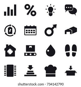 16 vector icon set : graph, percent, bulb, discussion, battery charge, calendar, warehouse, smart house, drop, slippers, cook hat, package