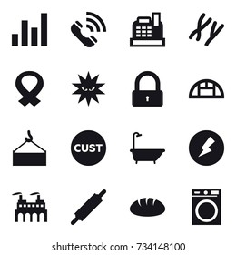 16 vector icon set : graph, call, cashbox, lock, greenhouse, bath, electricity, rolling pin, bread, washing machine