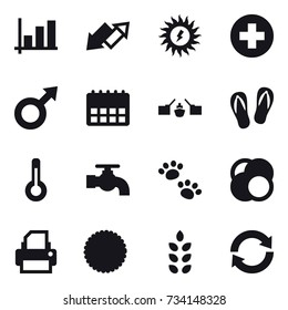 16 vector icon set : graph, up down arrow, sun power, drawbridge, flip-flops, thermometer, water tap, pets, spikelets, reload
