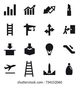 16 vector icon set : graph, diagram, up down arrow, lipstick, stairs, tower crane, air ballon, escalator, departure, cleanser