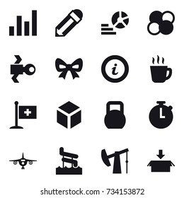 16 vector icon set : graph, pencil, diagram, atom core, satellite, bow, info, hot drink, 3d, plane, aquapark, package