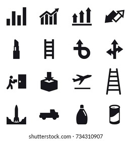 16 vector icon set : graph, diagram, graph up, up down arrow, lipstick, stairs, departure, pickup, cleanser, cleanser powder