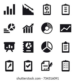 16 vector icon set : graph, crisis, report, clipboard, diagram, circle diagram, statistic, presentation, annual report, clipboard list