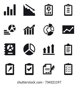 16 vector icon set : graph, crisis, report, clipboard, diagram, circle diagram, statistic, annual report, graph up, clipboard list
