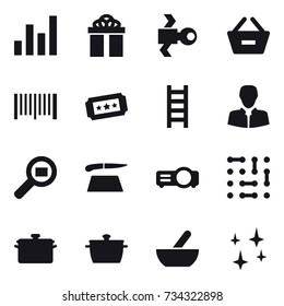 16 vector icon set : graph, gift, satellite, remove from basket, barcode, ticket, stairs, cutting board, pan, mortar, shining