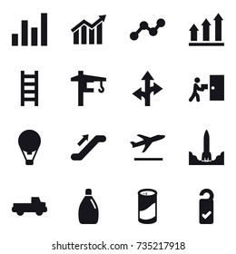 16 vector icon set : graph, diagram, graph up, stairs, tower crane, air ballon, escalator, departure, pickup, cleanser, cleanser powder, please clean