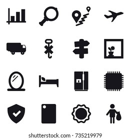 16 vector icon set : graph, magnifier, signpost, flower in window, mirror, bed, fridge, cutting board, trash