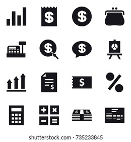 16 vector icon set : graph, receipt, dollar, purse, cashbox, dollar arrow, money message, presentation, graph up, account balance, percent, calculator