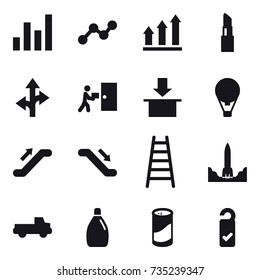 16 vector icon set : graph, graph up, lipstick, air ballon, escalator, stairs, pickup, cleanser, cleanser powder, please clean