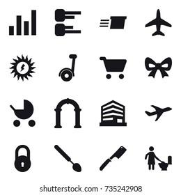 16 vector icon set : graph, diagram, delivery, plane, sun power, segway, cart, bow, baby stroller, arch, big spoon, chef knife, toilet cleaning