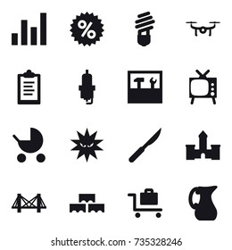 16 vector icon set : graph, percent, bulb, drone, clipboard, spark plug, tools, tv, baby stroller, castle, bridge, block wall, baggage trolley, jug