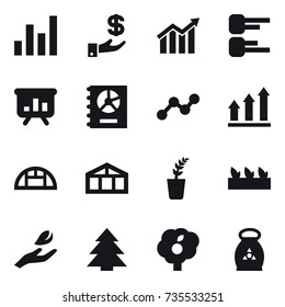 16 vector icon set : graph, investment, diagram, presentation, annual report, graph up, greenhouse, seedling, hand leaf, spruce, garden, fertilizer