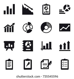 16 vector icon set : graph, crisis, report, diagram, circle diagram, statistic, presentation, annual report, graph up, clipboard, clipboard list